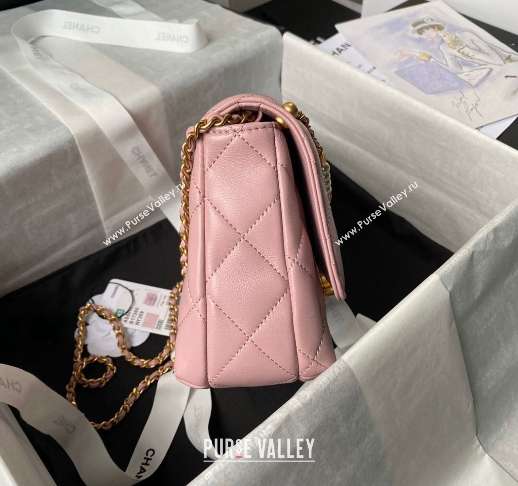 Chanel Shiny Lambskin Small Flap Bag with Pearls AS5011 Light Pink 2024 (yezi-240627059)