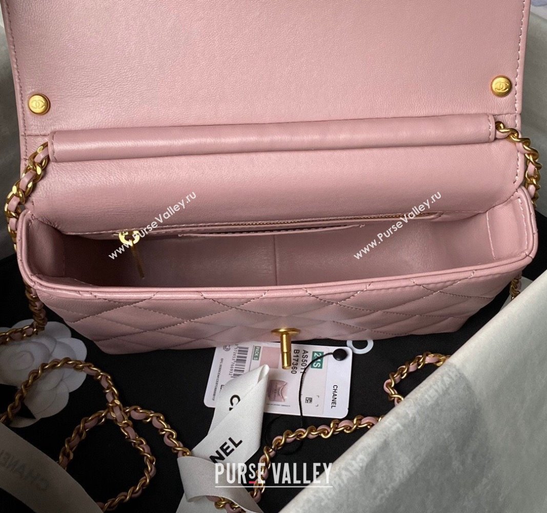 Chanel Shiny Lambskin Small Flap Bag with Pearls AS5011 Light Pink 2024 (yezi-240627059)