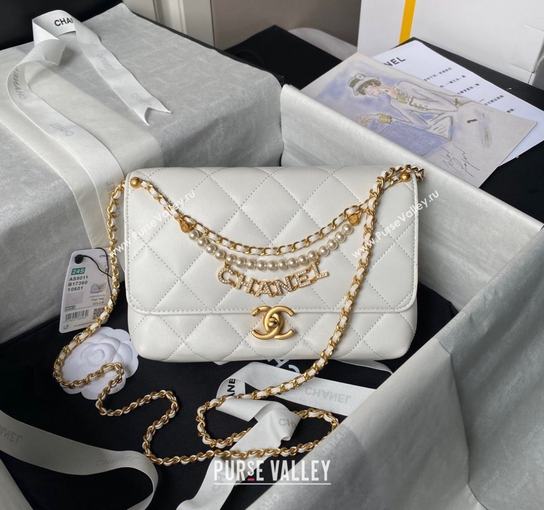 Chanel Shiny Lambskin Small Flap Bag with Pearls AS5011 White 2024 (yezi-240627060)