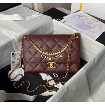 Chanel Shiny Lambskin Small Flap Bag with Pearls AS5011 Dark Burgundy 2024 (yezi-240627061)