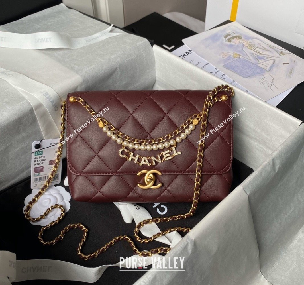 Chanel Shiny Lambskin Small Flap Bag with Pearls AS5011 Dark Burgundy 2024 (yezi-240627061)