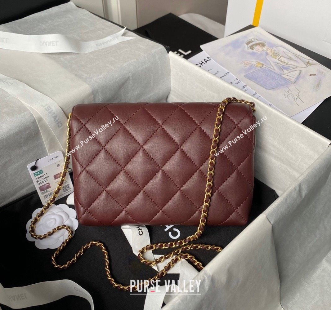 Chanel Shiny Lambskin Small Flap Bag with Pearls AS5011 Dark Burgundy 2024 (yezi-240627061)