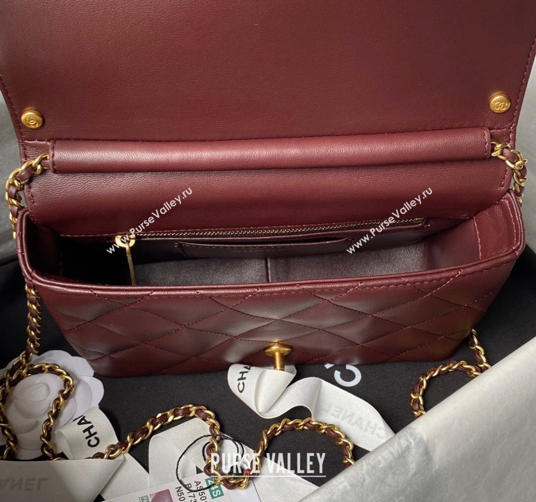 Chanel Shiny Lambskin Small Flap Bag with Pearls AS5011 Dark Burgundy 2024 (yezi-240627061)