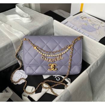 Chanel Shiny Lambskin Small Flap Bag with Pearls AS5011 Light Purple 2024 (yezi-240627062)