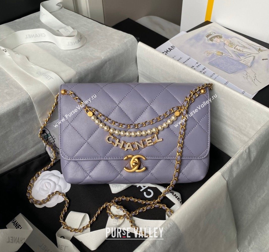 Chanel Shiny Lambskin Small Flap Bag with Pearls AS5011 Light Purple 2024 (yezi-240627062)