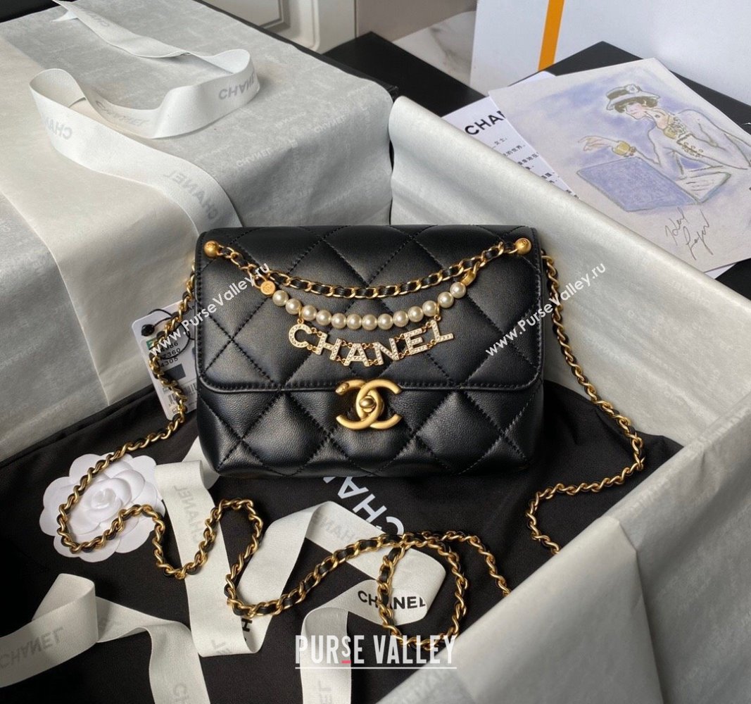 Chanel Shiny Lambskin Mini Flap Bag with Pearls AS4986 Black 2024 (yezi-240627051)