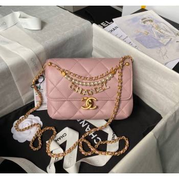 Chanel Shiny Lambskin Mini Flap Bag with Pearls AS4986 Light Pink 2024 (yezi-240627052)