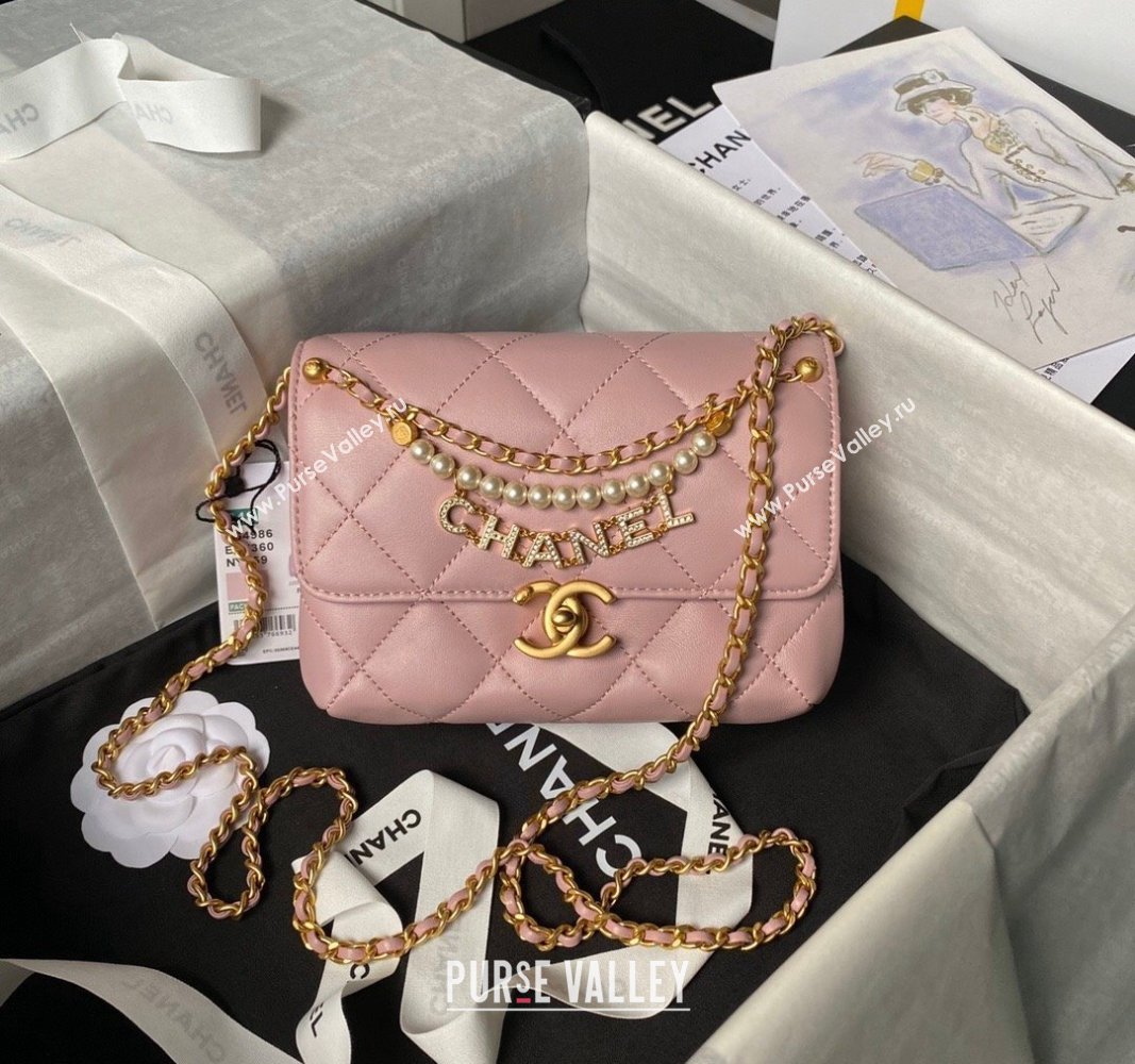 Chanel Shiny Lambskin Mini Flap Bag with Pearls AS4986 Light Pink 2024 (yezi-240627052)