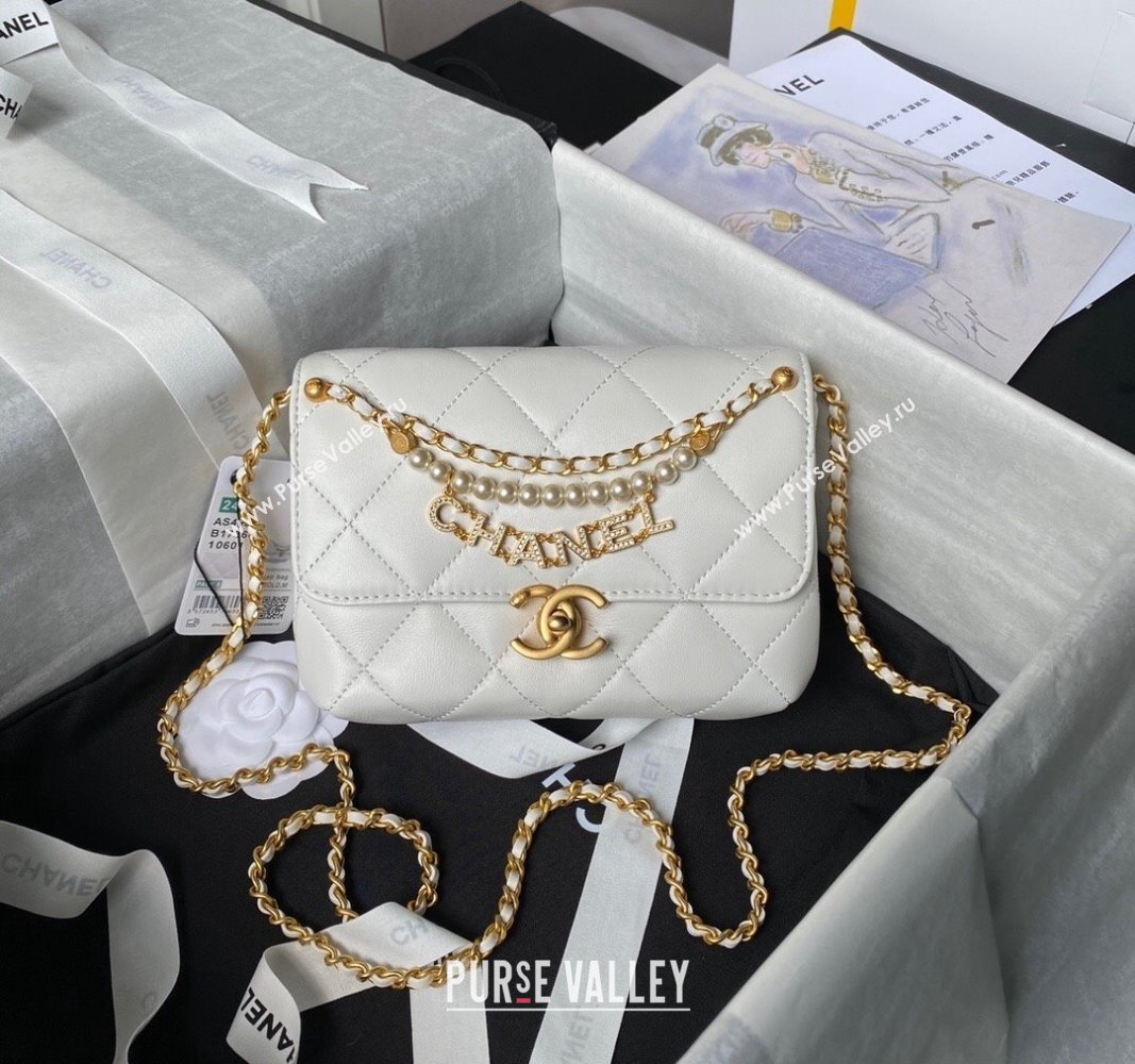 Chanel Shiny Lambskin Mini Flap Bag with Pearls AS4986 White 2024 (yezi-240627053)