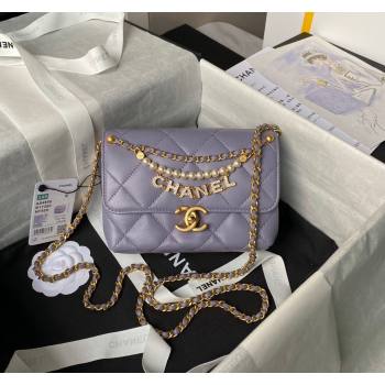 Chanel Shiny Lambskin Mini Flap Bag with Pearls AS4986 Light Purple 2024 (yezi-240627054)