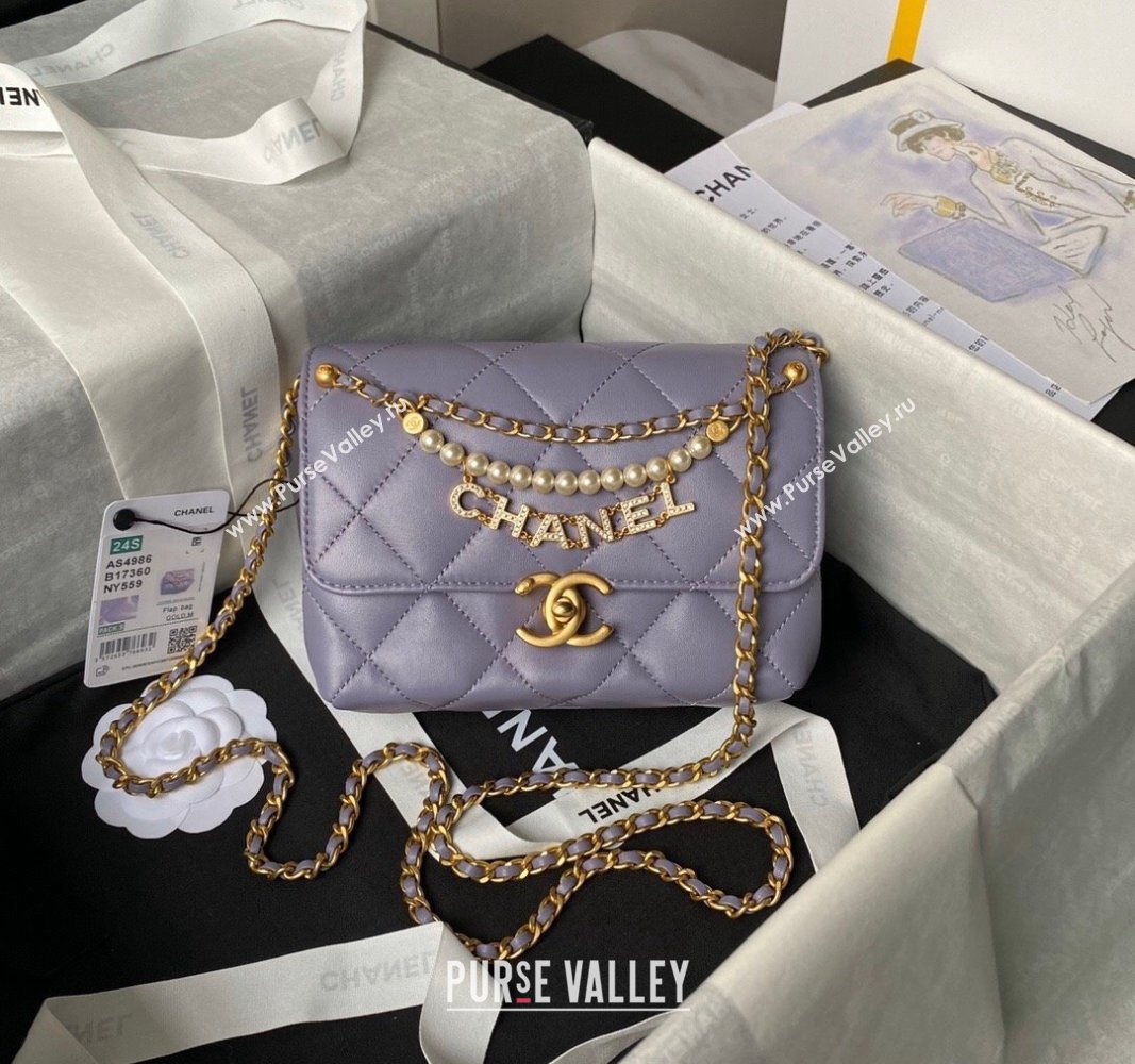 Chanel Shiny Lambskin Mini Flap Bag with Pearls AS4986 Light Purple 2024 (yezi-240627054)