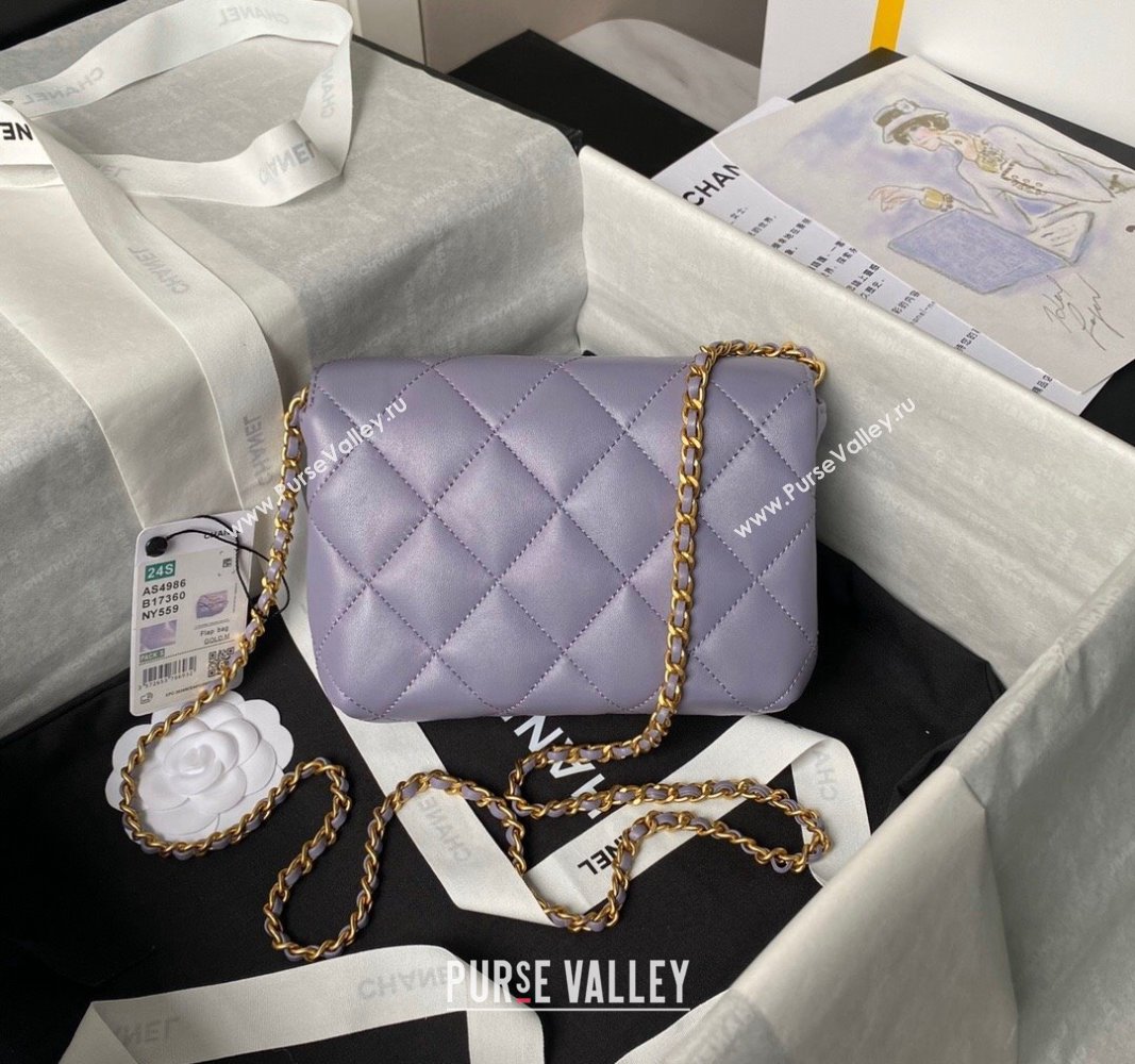 Chanel Shiny Lambskin Mini Flap Bag with Pearls AS4986 Light Purple 2024 (yezi-240627054)