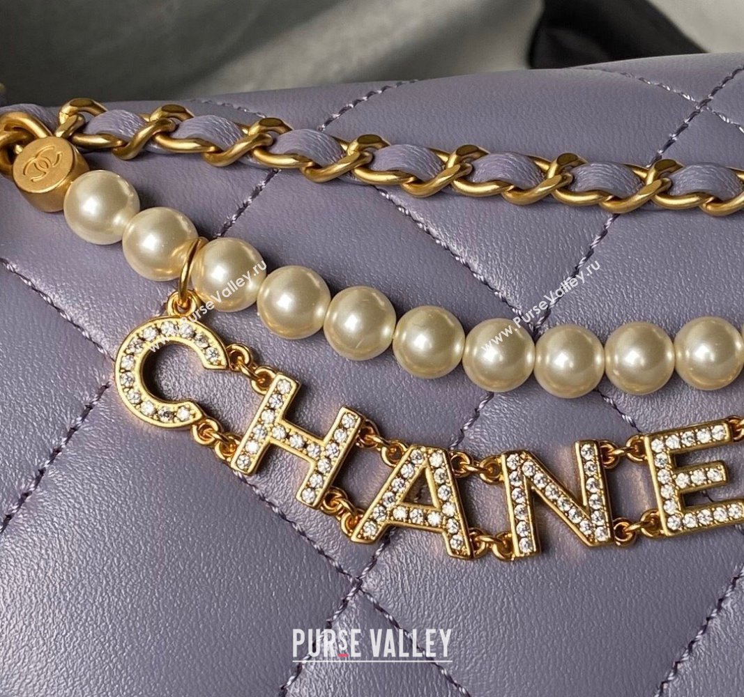 Chanel Shiny Lambskin Mini Flap Bag with Pearls AS4986 Light Purple 2024 (yezi-240627054)