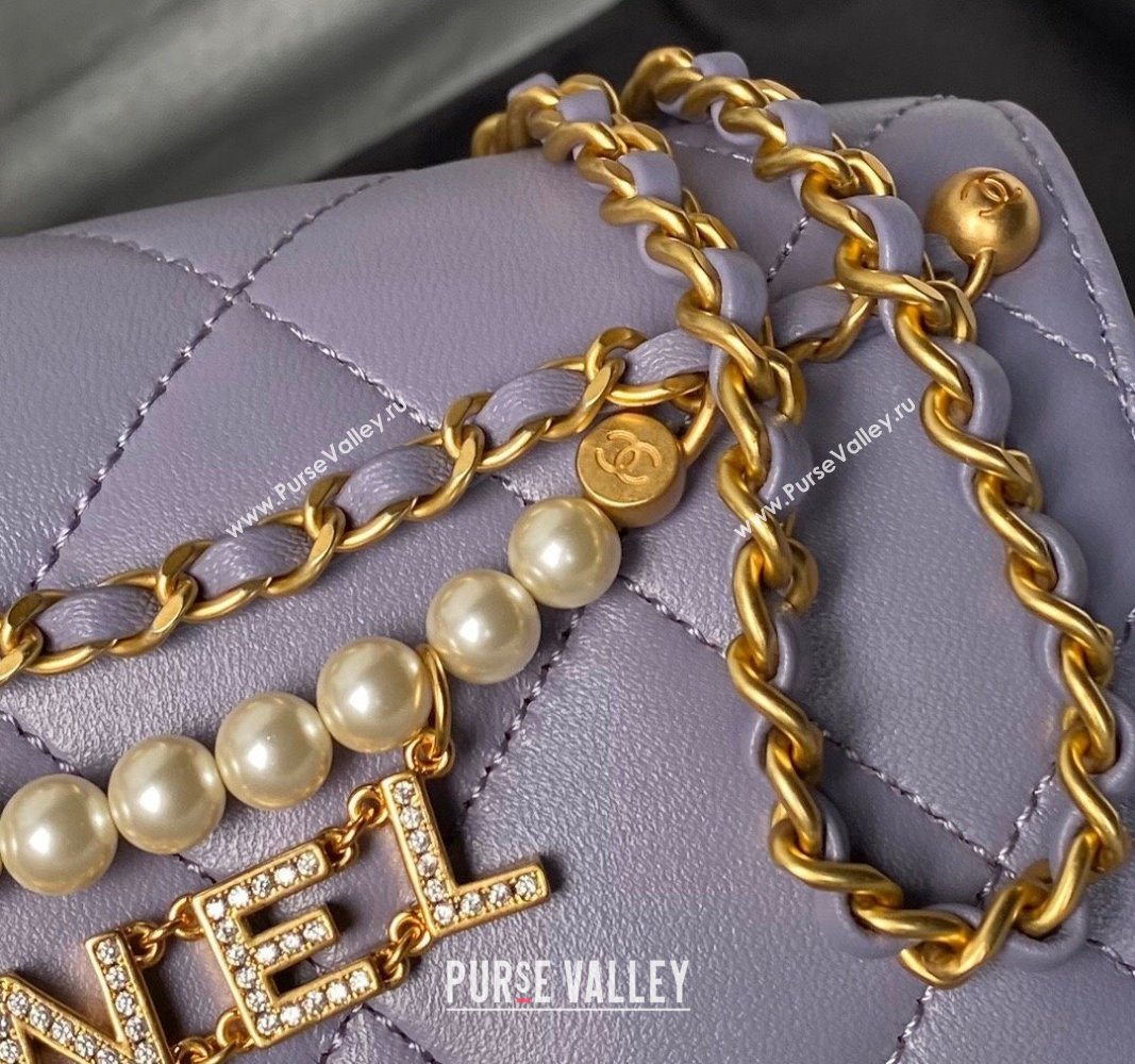 Chanel Shiny Lambskin Mini Flap Bag with Pearls AS4986 Light Purple 2024 (yezi-240627054)