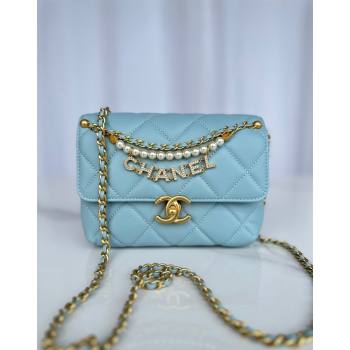 Chanel Shiny Lambskin Mini Flap Bag with Pearls AS4986 Light Blue 2024 (yezi-240627056)