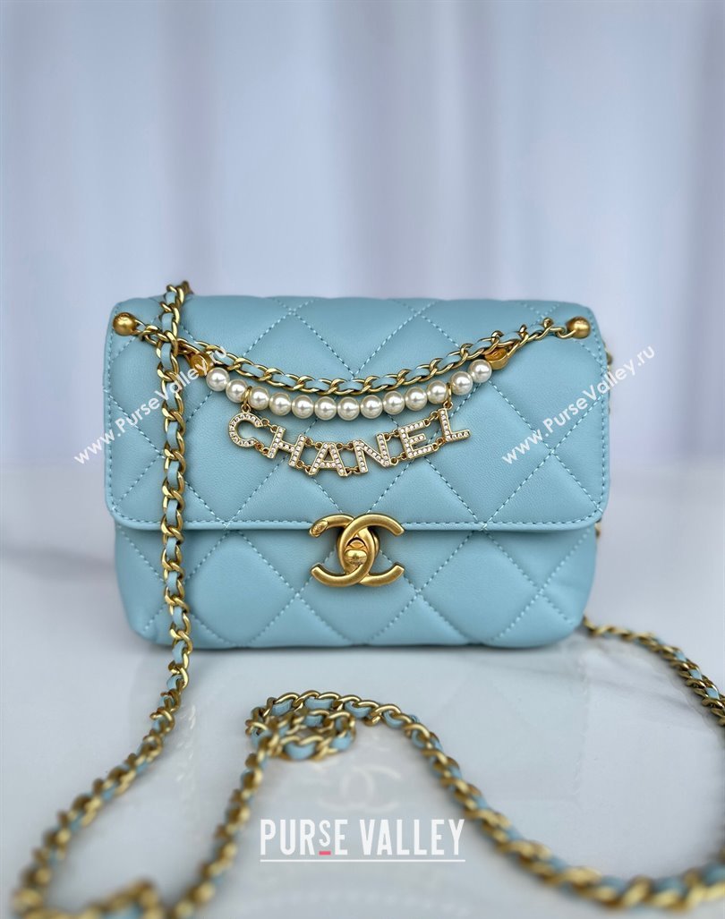 Chanel Shiny Lambskin Mini Flap Bag with Pearls AS4986 Light Blue 2024 (yezi-240627056)