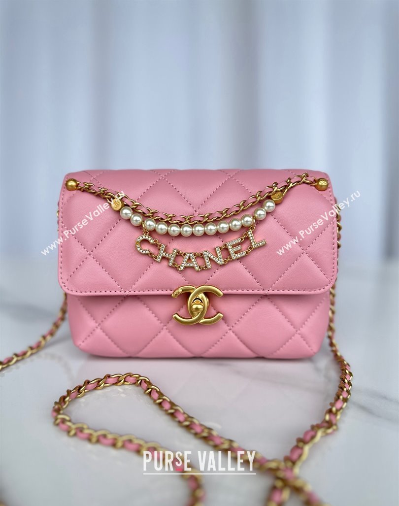 Chanel Shiny Lambskin Mini Flap Bag with Pearls AS4986 Pink2 2024 (yezi-240627057)