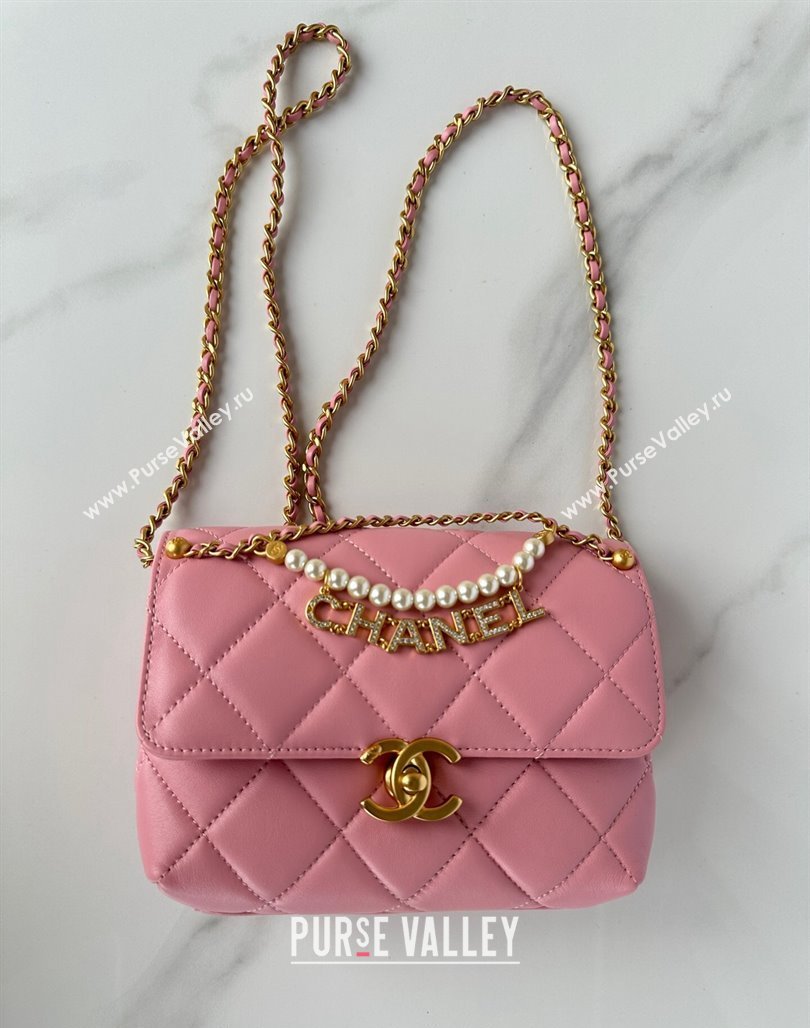 Chanel Shiny Lambskin Mini Flap Bag with Pearls AS4986 Pink2 2024 (yezi-240627057)