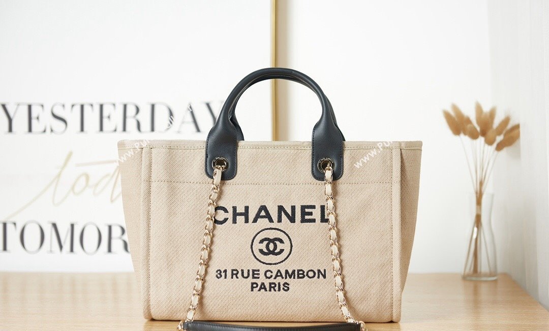 Chanel Deauville Mixed Fibers  Calfskin Small Shopping Bag Beige/Black 2024 AS3257 (yezi-240627044)