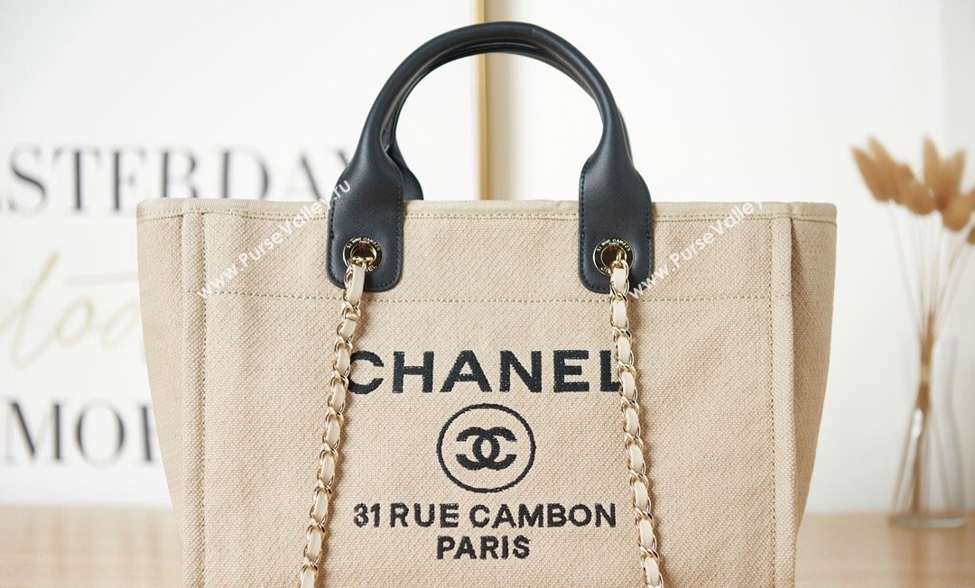 Chanel Deauville Mixed Fibers  Calfskin Small Shopping Bag Beige/Black 2024 AS3257 (yezi-240627044)