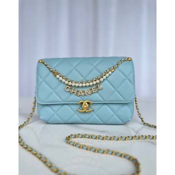 Chanel Shiny Lambskin Small Flap Bag with Pearls AS5011 Light Blue 2024 (yezi-240627063)