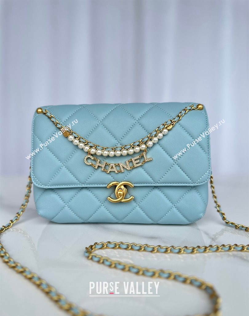 Chanel Shiny Lambskin Small Flap Bag with Pearls AS5011 Light Blue 2024 (yezi-240627063)