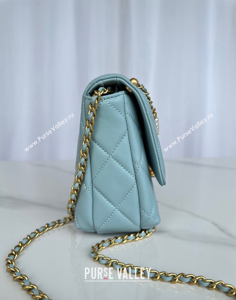 Chanel Shiny Lambskin Small Flap Bag with Pearls AS5011 Light Blue 2024 (yezi-240627063)