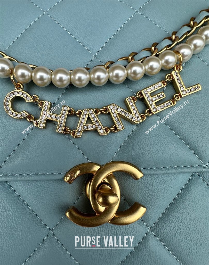 Chanel Shiny Lambskin Small Flap Bag with Pearls AS5011 Light Blue 2024 (yezi-240627063)