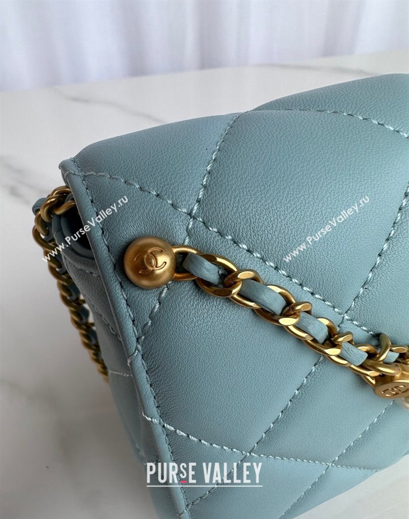 Chanel Shiny Lambskin Small Flap Bag with Pearls AS5011 Light Blue 2024 (yezi-240627063)