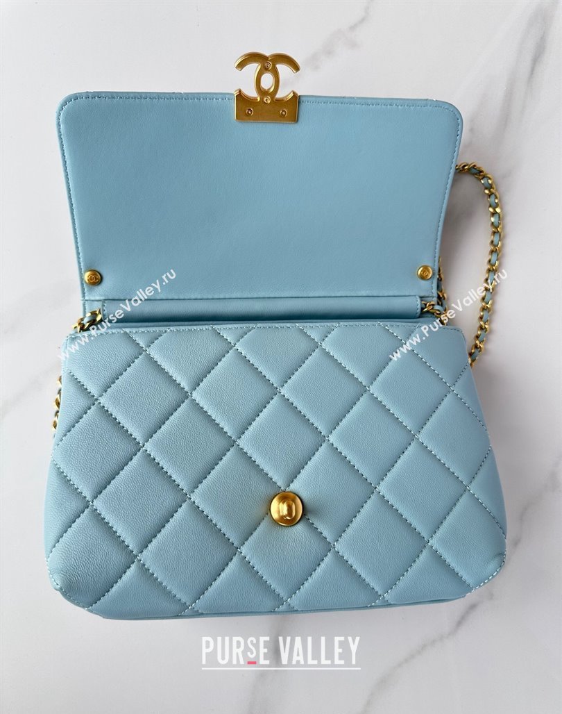 Chanel Shiny Lambskin Small Flap Bag with Pearls AS5011 Light Blue 2024 (yezi-240627063)