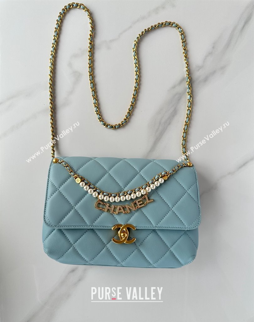 Chanel Shiny Lambskin Small Flap Bag with Pearls AS5011 Light Blue 2024 (yezi-240627063)