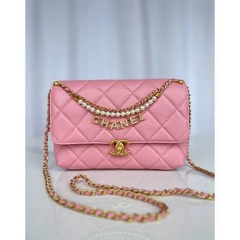 Chanel Shiny Lambskin Small Flap Bag with Pearls AS5011 Pink2 2024 (yezi-240627064)