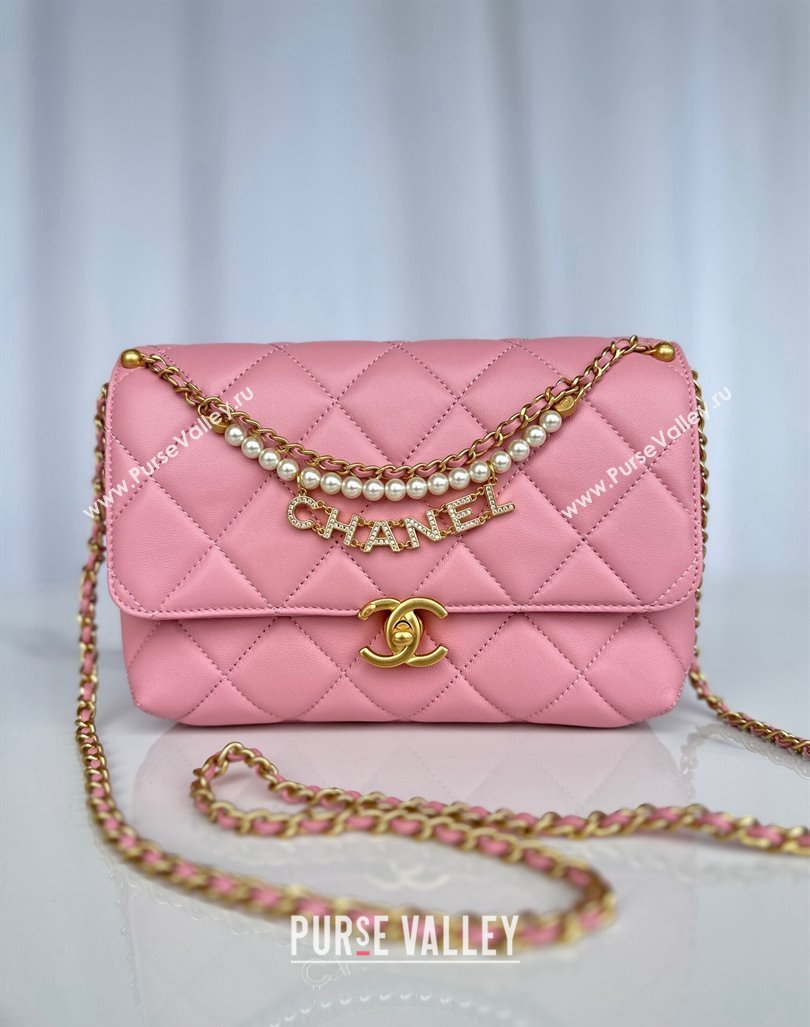 Chanel Shiny Lambskin Small Flap Bag with Pearls AS5011 Pink2 2024 (yezi-240627064)