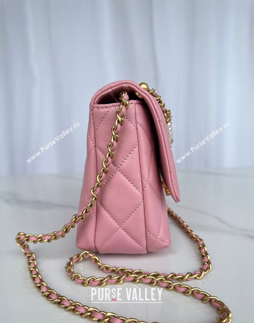 Chanel Shiny Lambskin Small Flap Bag with Pearls AS5011 Pink2 2024 (yezi-240627064)