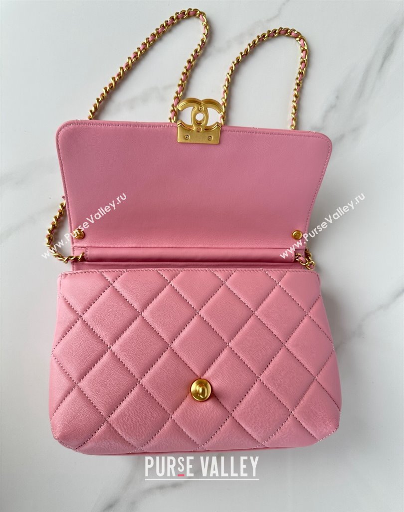 Chanel Shiny Lambskin Small Flap Bag with Pearls AS5011 Pink2 2024 (yezi-240627064)