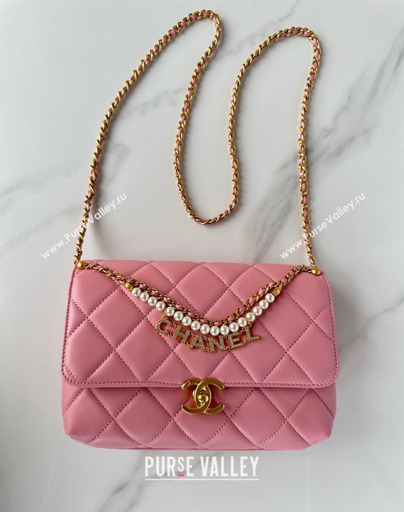 Chanel Shiny Lambskin Small Flap Bag with Pearls AS5011 Pink2 2024 (yezi-240627064)