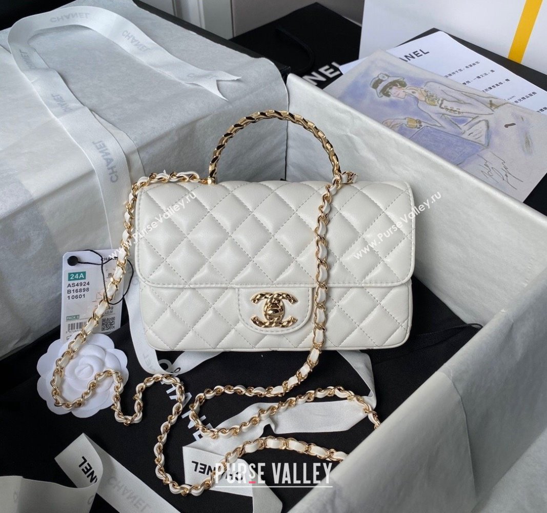 Chanel Shiny Lambskin Mini Flap Bag with Top Handle and Strass White 2024 AS4924 (yezi-240627012)