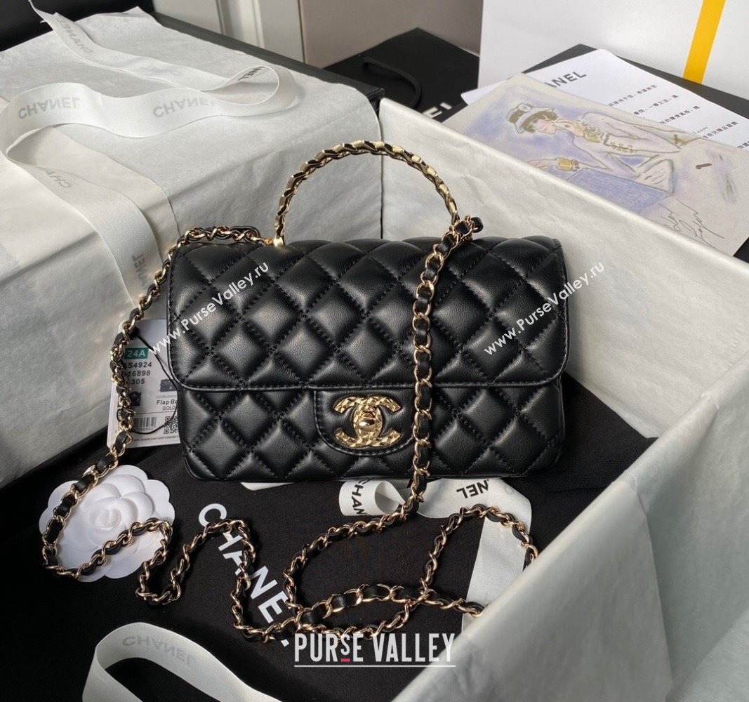 Chanel Shiny Lambskin Mini Flap Bag with Top Handle and Strass Black 2024 AS4924 (yezi-240627013)