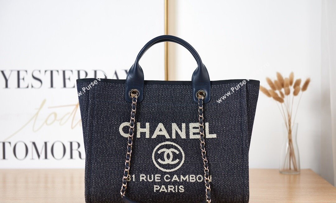 Chanel Deauville Mixed Fibers  Calfskin Small Shopping Bag Dark Blue 2024 AS3257 (yezi-240627045)