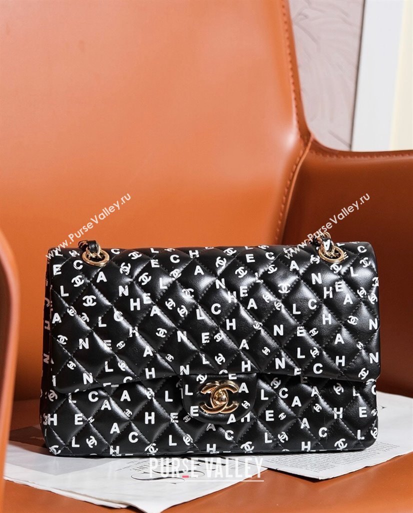 Chanel Lambskin Classic 11.12 Medium Flap Bag with Letters Print Black 2024 0627 (yezi-240627079)