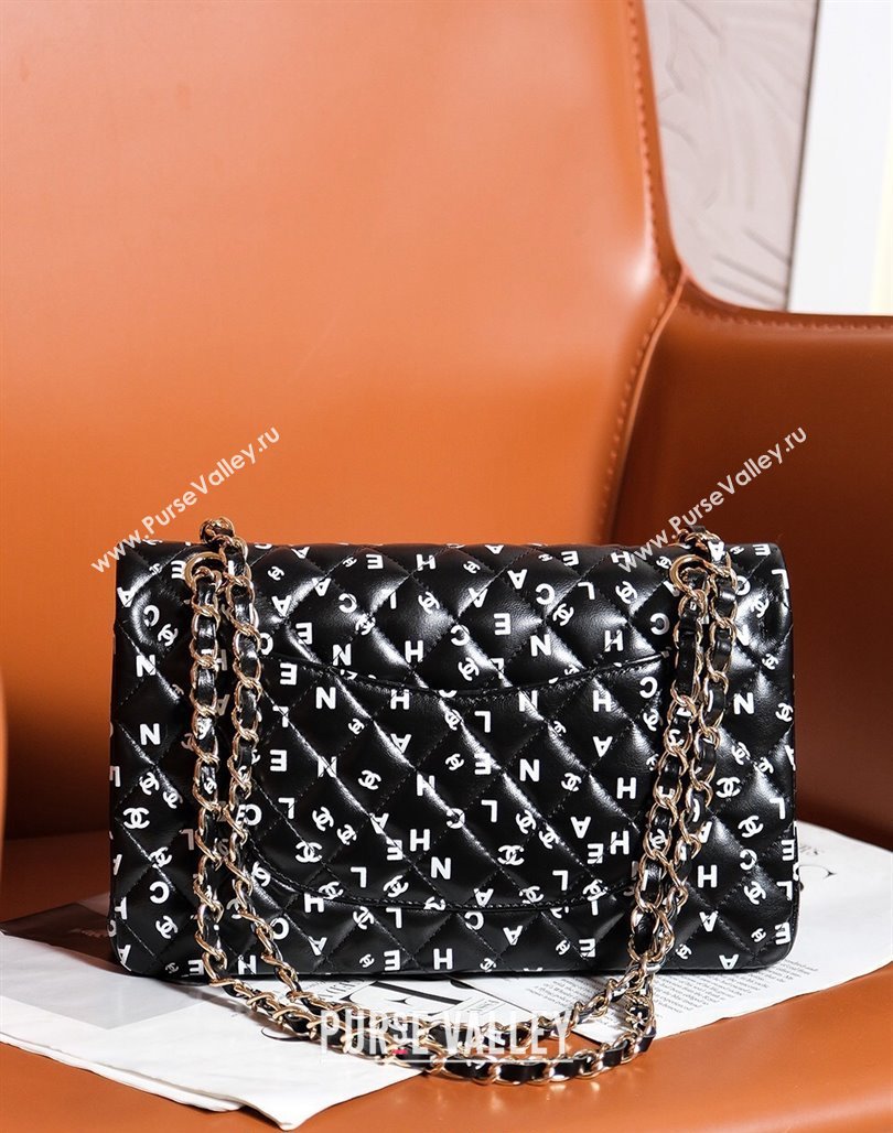 Chanel Lambskin Classic 11.12 Medium Flap Bag with Letters Print Black 2024 0627 (yezi-240627079)