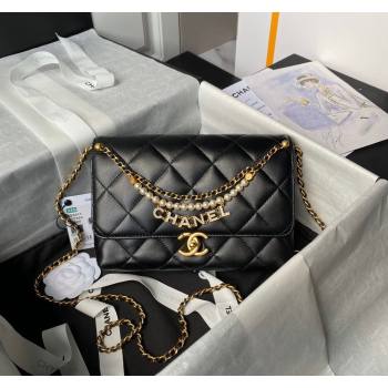 Chanel Shiny Lambskin Small Flap Bag with Pearls AS5011 Black 2024 (yezi-240627058)