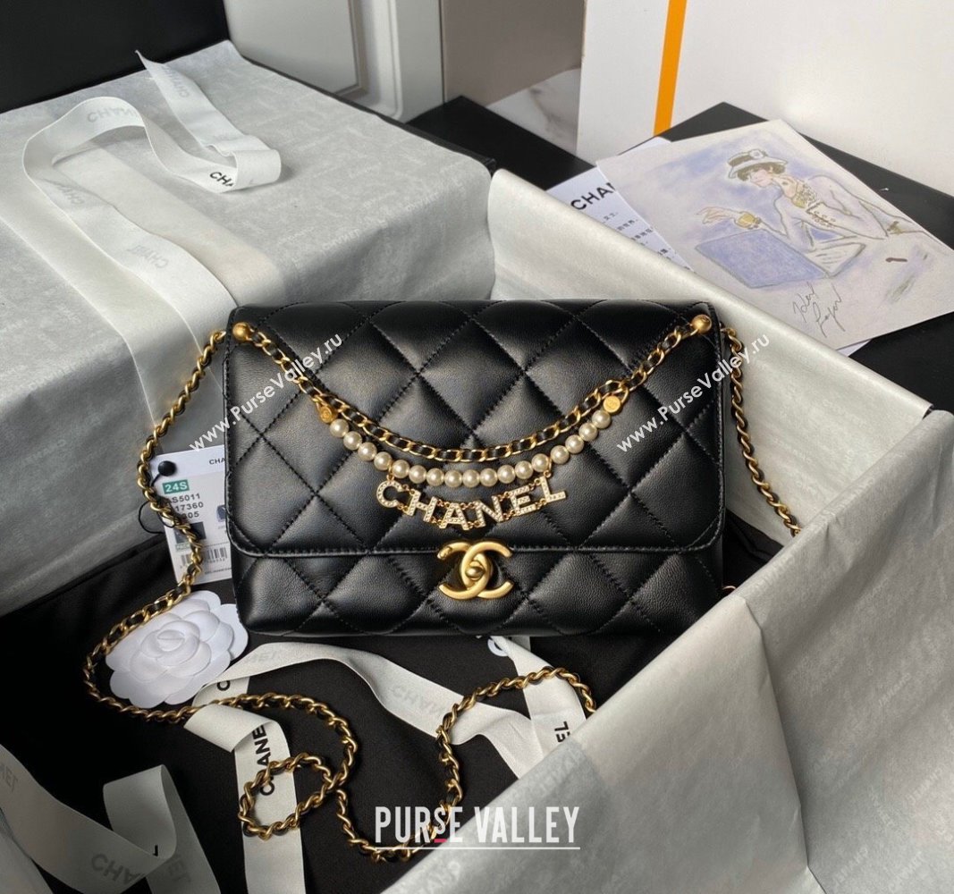 Chanel Shiny Lambskin Small Flap Bag with Pearls AS5011 Black 2024 (yezi-240627058)