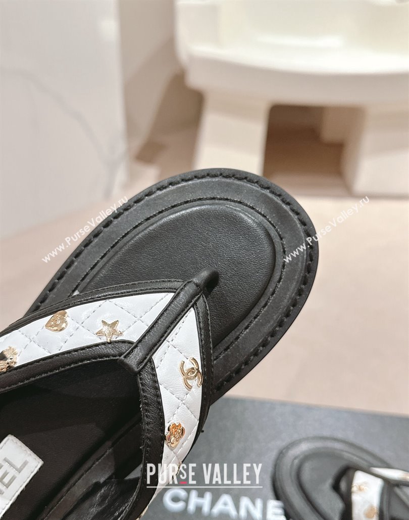 Chanel Calfskin Flat Thong Slide Sandal with Charm White2/Black 2024 0701 (MD-2407011)