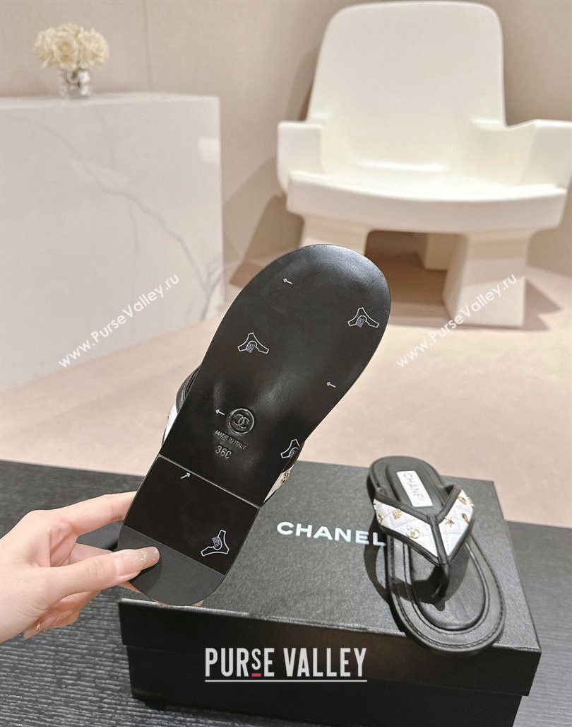 Chanel Calfskin Flat Thong Slide Sandal with Charm White2/Black 2024 0701 (MD-2407011)