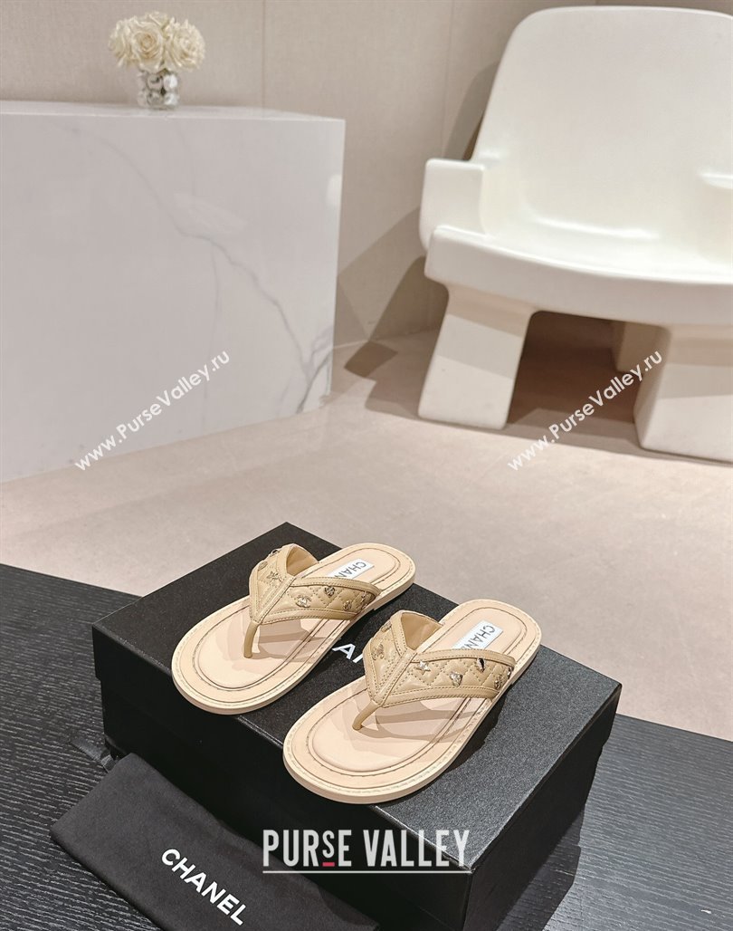 Chanel Calfskin Flat Thong Slide Sandal with Charm Beige 2024 0701 (MD-2407012)