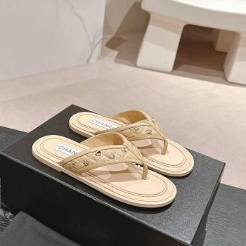 Chanel Calfskin Flat Thong Slide Sandal with Charm Beige 2024 0701 (MD-2407012)