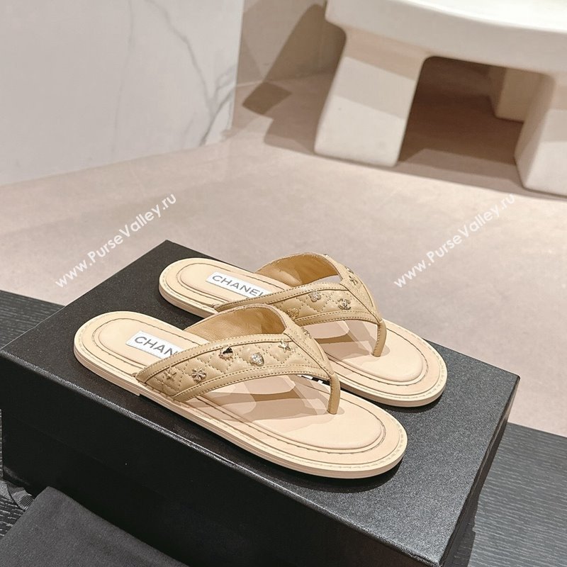 Chanel Calfskin Flat Thong Slide Sandal with Charm Beige 2024 0701 (MD-2407012)