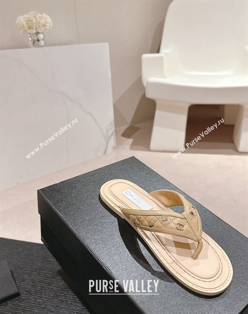 Chanel Calfskin Flat Thong Slide Sandal with Charm Beige 2024 0701 (MD-2407012)