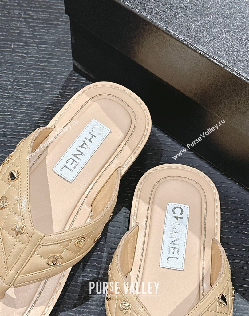 Chanel Calfskin Flat Thong Slide Sandal with Charm Beige 2024 0701 (MD-2407012)